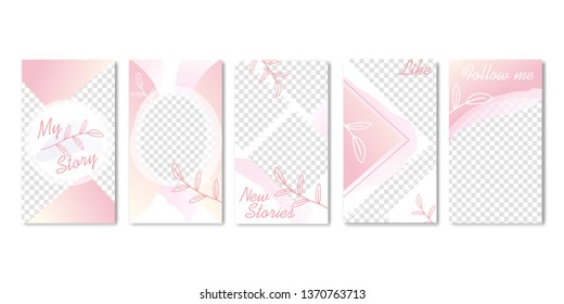 Cute Pastel Pink Color Templates with Branch of Leaves Banners Vector Illustration. Follow me. Different Shapes of Space for Photos, Images. Natural Design for Social Networking Sites.