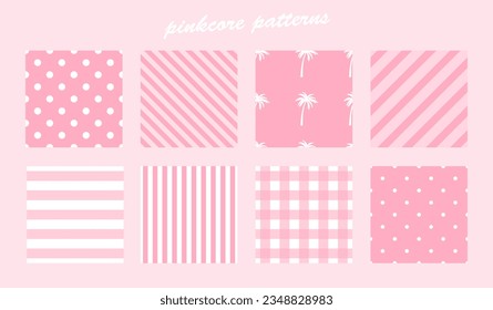 Cute pastel pink fashion seamless pattern set in barbie style. Pink core collection. Stripe, dot, checkered graphic textures for fashion fabric print. Vector illustration backgrounds bundle