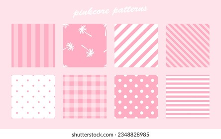 Cute pastel pink fashion seamless pattern set in barbie style. Pink core collection. Stripe, dot, checkered graphic textures for fashion fabric print. Vector illustration backgrounds bundle