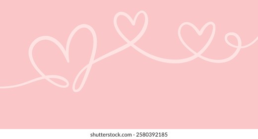 Cute pastel pink heart background, valentine greeting vector border, linear hearts flourishes wallpaper design