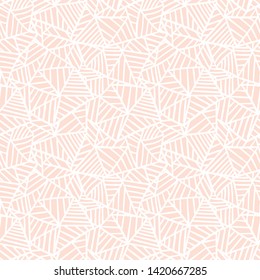 Cute pastel pink on white linear doodle triangle seamless pattern. Hand drawn stripped triangular background. Infinity geometrical wallpaper, wrapping paper, fabric, textile. Vector illustration. 