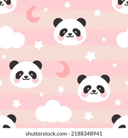 cara de oso panda rosa pastel lindo en el cielo con nubes y estrellas, patrón sin fisuras para niña, huella vectorial para papel envolvente, tela y textil