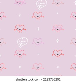 Cute pastel pink pattern with doodle white line funny hearts with faces. Textiles for children, fabric, book, bedroom, baby. Digital paper scrapbook, seamless background.