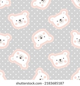 cute pastel pink polar bear face sticker style with polka dot grey background, kids seamless pattern texture for wrapping paper, fabric and textile print