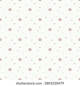 Cute pastel pink seashells and dots seamless pattern.
Minimalist ocean marine background with small shells.
Delicate beach nautical vector texture for nursery fabric.
Simple seamless summer wallpaper with tiny clam shells.
Sweet baby girl textile design with sea shells and pearls.