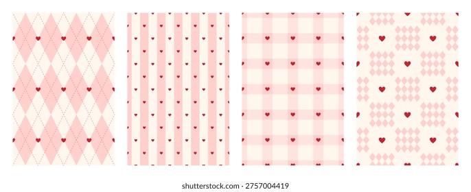 Cute pastel pink set of seamless pattern with tiny hearts. Gingham, plaid, stripes and rhombus print for wrapping paper, textile and fabric. Girly backgrounds. Vector illustration