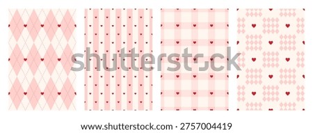 Cute pastel pink set of seamless pattern with tiny hearts. Gingham, plaid, stripes and rhombus print for wrapping paper, textile and fabric. Girly backgrounds. Vector illustration