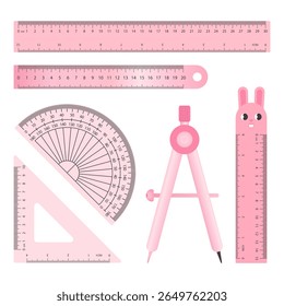 Cute pastel pink stationery set including plastic ruler, metal ruler, cartoon ruler, triangle ruler, protractor, and compass. Flat vector design with soft shadows.