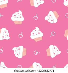 Cute pastel pink sweets dessert cupcake and cherry doodle pattern
