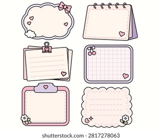 Cute pastel planner elements featuring decorative memo frames, note cards, notepads, and paper templates in a soft hand drawn style. Includes blank labels, spiral notebook pages, grid memo cards, and floral decorative frames with hearts, bows, cherries, and flowers. Perfect for digital planners, journaling, scrapbooking, stationery, printable templates, social media posts, and cute organization designs.