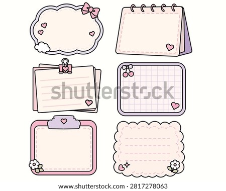 Cute pastel planner elements featuring decorative memo frames, note cards, notepads, and paper templates in a soft hand drawn style. Includes blank labels, spiral notebook pages, grid memo cards, and floral decorative frames with hearts, bows, cherries, and flowers. Perfect for digital planners, journaling, scrapbooking, stationery, printable templates, social media posts, and cute organization designs.