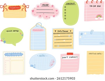 Cute Pastel Planner A set of pastel-themed planner notes in playful and minimalist styles. Each note has a unique shape like square, oval, cloud, and tag, decorated with cute elements such as ribbons