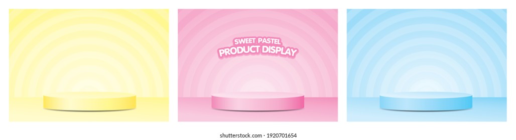 Cute pastel podium on circle striped background 3d illustration vector set.
