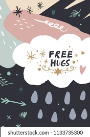 Cute pastel postcard. Scandinavian style. Vector and jpg image, clipart. "Free hugs" handwritten text.