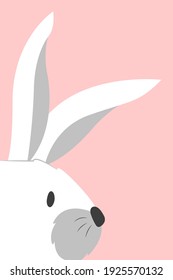 Cute pastel poster for kids and baby room. Gift spring card for Easter. Beautiful white fluffy kawaii easter bunny. The long-eared bunny is looking for Easter eggs. Happy Easter! Print for holiday.