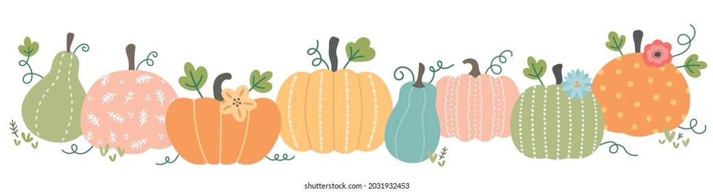 Cute Pastel Pumpkin Border With Leaves, Thanksgiving, Harvest Or Halloween Seasonal Vector Background Design