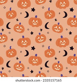 Cute Pastel Pumpkin Pattern with Moon and Stars