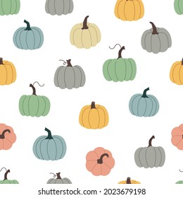 Cute pastel pumpkins. Seamless pattern. Cozy fall background. Vector