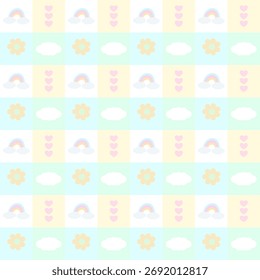 Cute Pastel Rainbow Cloud and Flower Pattern