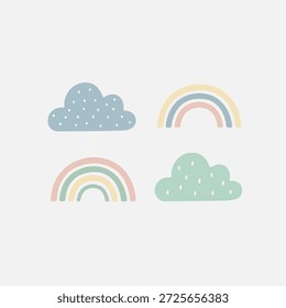 Ilustrações de arco-íris pastel bonito e nuvem para decoração de berçário e desenhos infantis