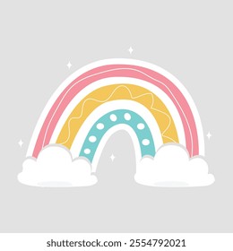 Cute Pastel Rainbow with Clouds Vector Illustration Sticker. A dreamy pastel rainbow with fluffy clouds, ideal for cute, whimsical, and holiday-themed designs