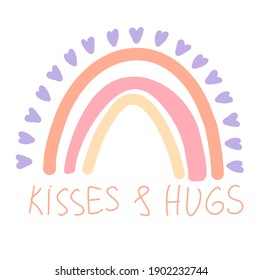 cute pastel rainbow with words hugs and kisses. Valentines day. Vector graphic illustration, Design elements for Valentine's day.Vector illustration. Wallpaper, flyers, invitation,