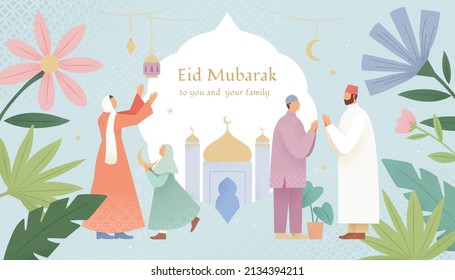 Cute Pastel Ramadan, Hari Raya Or Eid Al-Fitr Illustration With Botanical Decoration. Muslim Men Greeting To Each Other And Woman Decorating For The Holiday.