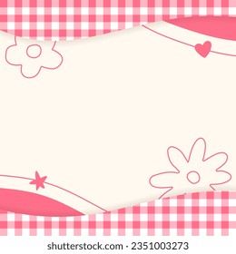 Cute Pastel Red Plaid Gingham Check Checkered with Heart Flower Star. Square Post Banner Template Frame Border Memo Sticky note Post it Paper Background. Blank Note Copy Space Vector Illustration.