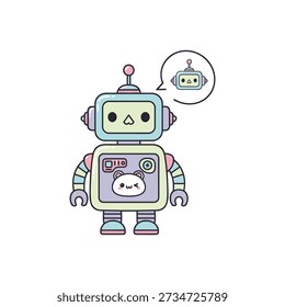 Cute pastel robot character with bear emblem and speech bubble