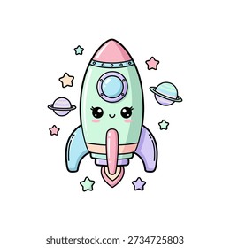 Cute pastel rocket with face surrounded by planets and stars