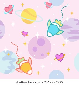 a cute pastel rocket and planets seamless background design