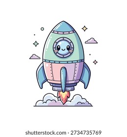 Cute pastel rocket with smiling face and flames launching into clouds