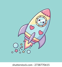 Cute pastel rocket with smiling face and hearts flying in space