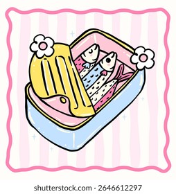 Cute pastel sardines in can Coquette fisherman style whimsical hand drawn doodle set for t shirt sublimation, stickers and wall art