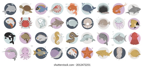 Cute pastel sea animals and fish illustration set. Vector fish icons isolated on white