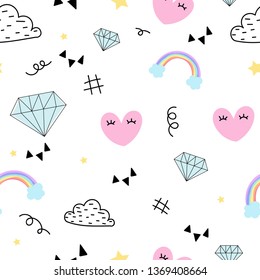 Cute pastel seamless minimal style with diamond, rainbow, clouds, heart with eyes lashes, star on white background. Abstract vector illustration