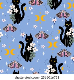 Cute Pastel Seamless Pattern with Black Cats, Flowers, Moon, Butterflies, Moths, and Stars