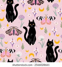 Cute Pastel Seamless Pattern with Black Cats, Moths, Butterflies, Flowers, and Moons on a Pink Background