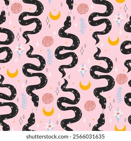 Cute Pastel Seamless Pattern with Black Snakes, Flowers, and Moons on a Pink Background