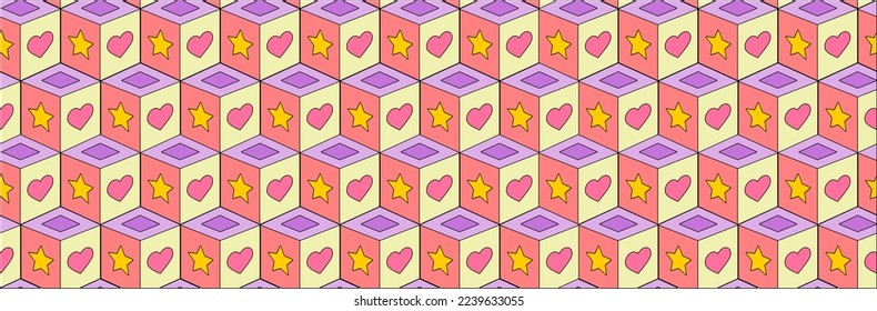 Cuidado patrón pastel sin costura. Caja de Corazones y Estrellas para tela, textil, fondo o banner web.