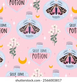 Cute Pastel Seamless Pattern with Butterflies and Moths in Potion Bottles and Flowers