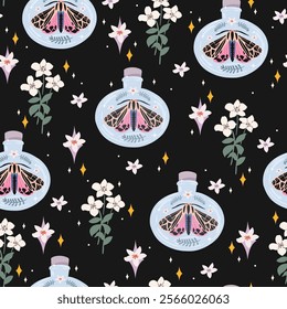 Cute Pastel Seamless Pattern with Butterflies in Potion Bottles, Flowers, and Stars on a Black Background