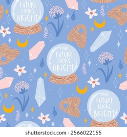 Cute Pastel Seamless Pattern with Crystal Ball, Ouija Board, Crystals, Moons, and Flowers on a Blue Background