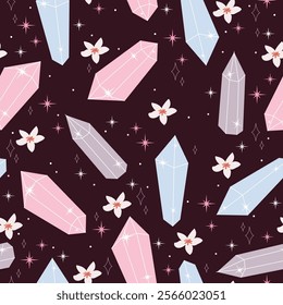 Cute Pastel Seamless Pattern with Crystals and Flowers on a Black Background