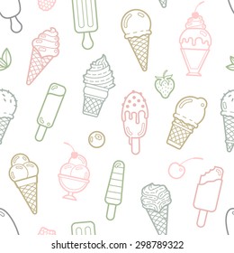 Cute pastel seamless pattern with different types of ice cream. Vector illustration. Background for cafe menu, fabric and wrapping paper