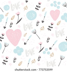 Cute pastel seamless pattern with flowers, hearts and word love. Perfect print for Valentine's Day or nursery. Vector hand drawn illustration.