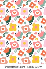 Cute pastel seamless pattern with hand drawn flowers and hearts isolated on white background illustration vector.