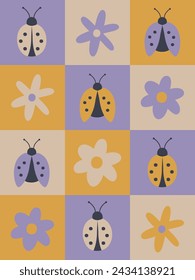 Cute pastel seamless pattern with ladybugs and flowers in squares vector illustration