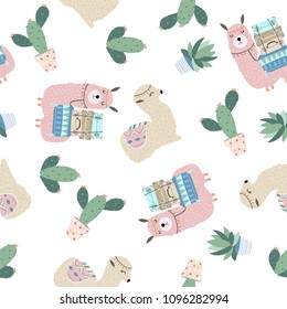 cute pastel seamless pattern with llama and cactus in scandinavian style