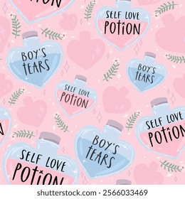 Cute Pastel Seamless Pattern with Love Potion Bottles on a Pink Background